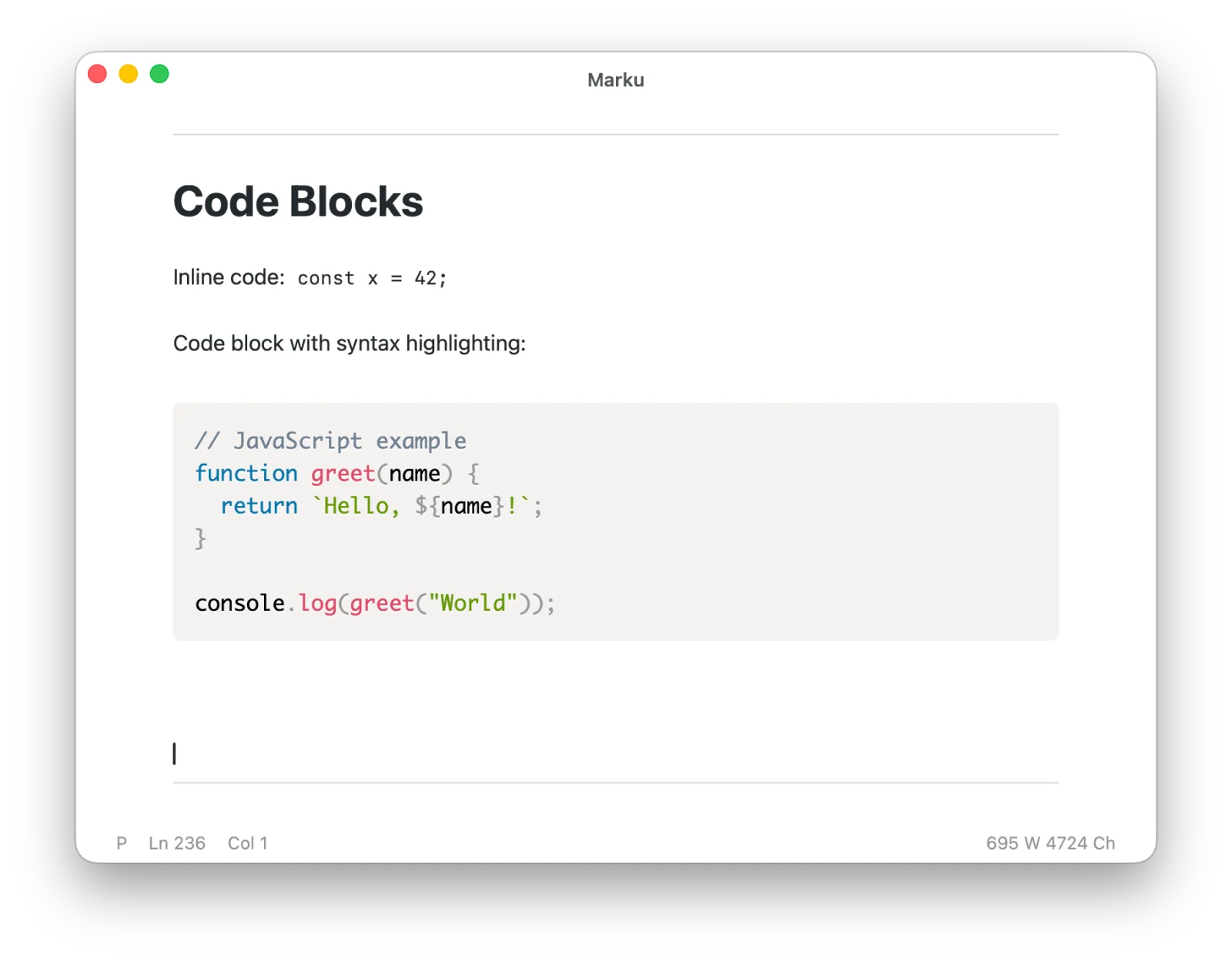 A syntax-highlighted code block in Marku