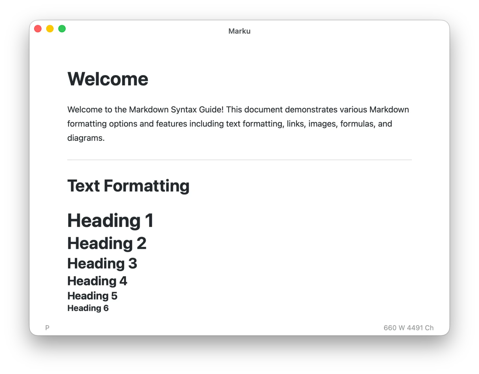 Marku displaying a Markdown syntax guide