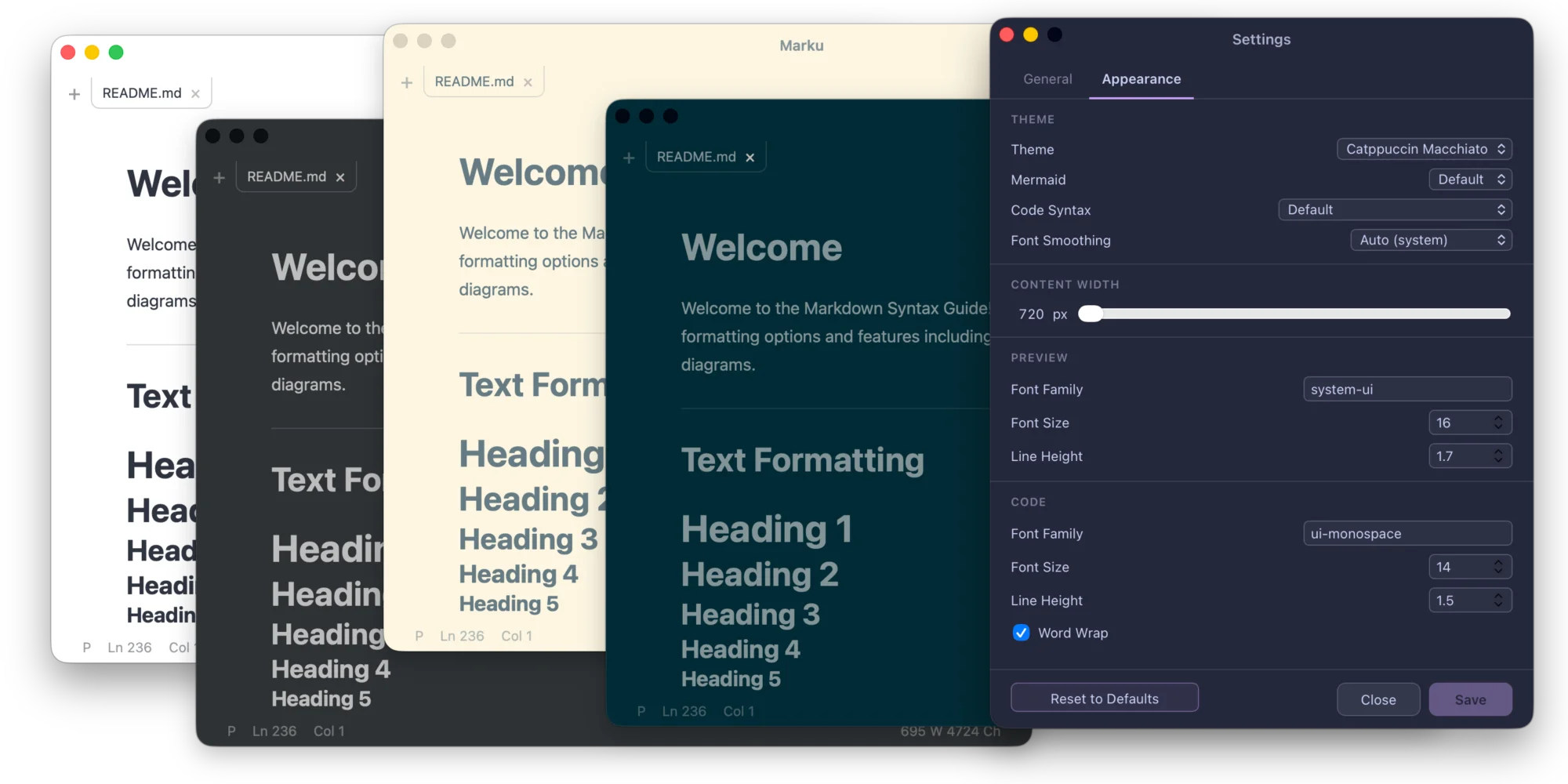 Marku shown with several light and dark themes